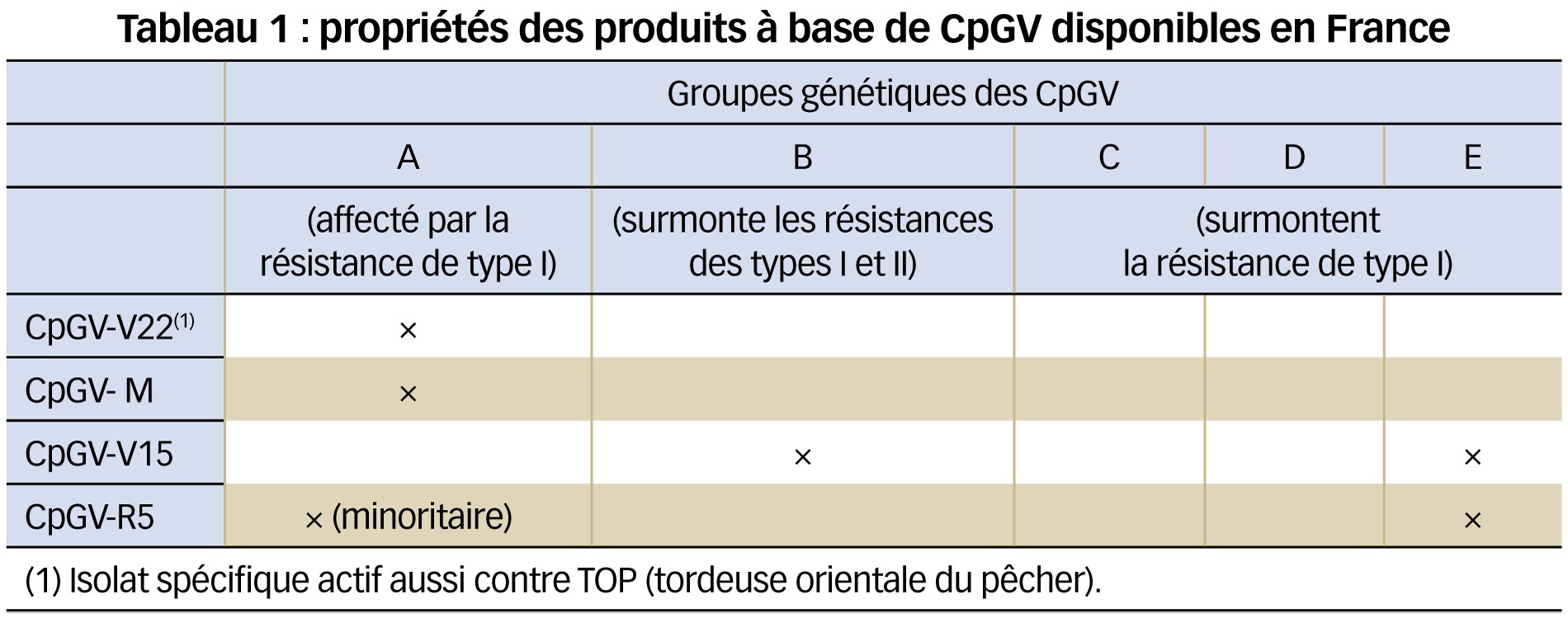 Tableau 1 : propriétés des produits à base de CpGV disponibles en France 