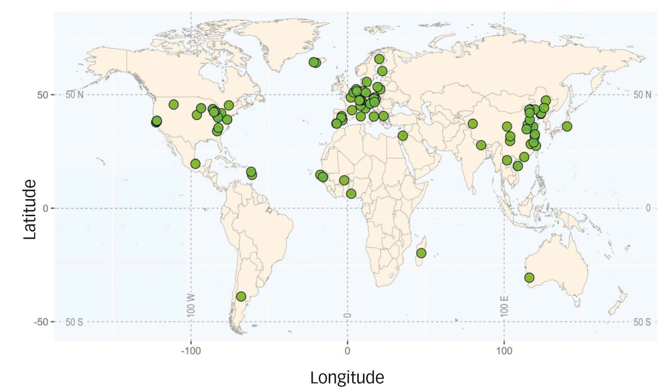 Fig. 2 : Localisation sur le planisphère des 103 articles exploités dans la méta-analyse des effets des pratiques agricoles sur les bio-indicateurs Nématodes 